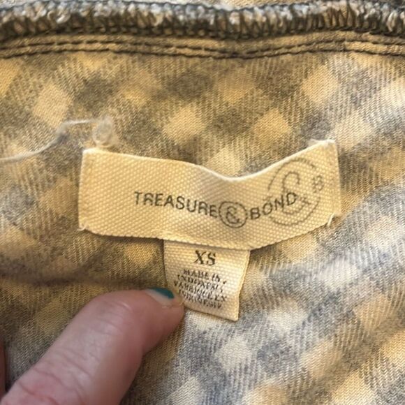 Treasure & Bond Grey Cream Plaid Long Sleeve Button Down Hoodie XS 100% Cotton - Picture 4 of 7